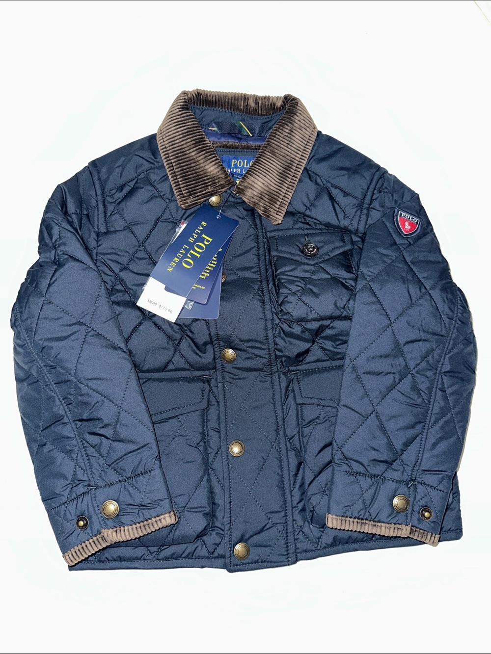 Polo by Ralph Lauren Navy Quilted Puffer Jacket with Brown Corduroy Collar 4t